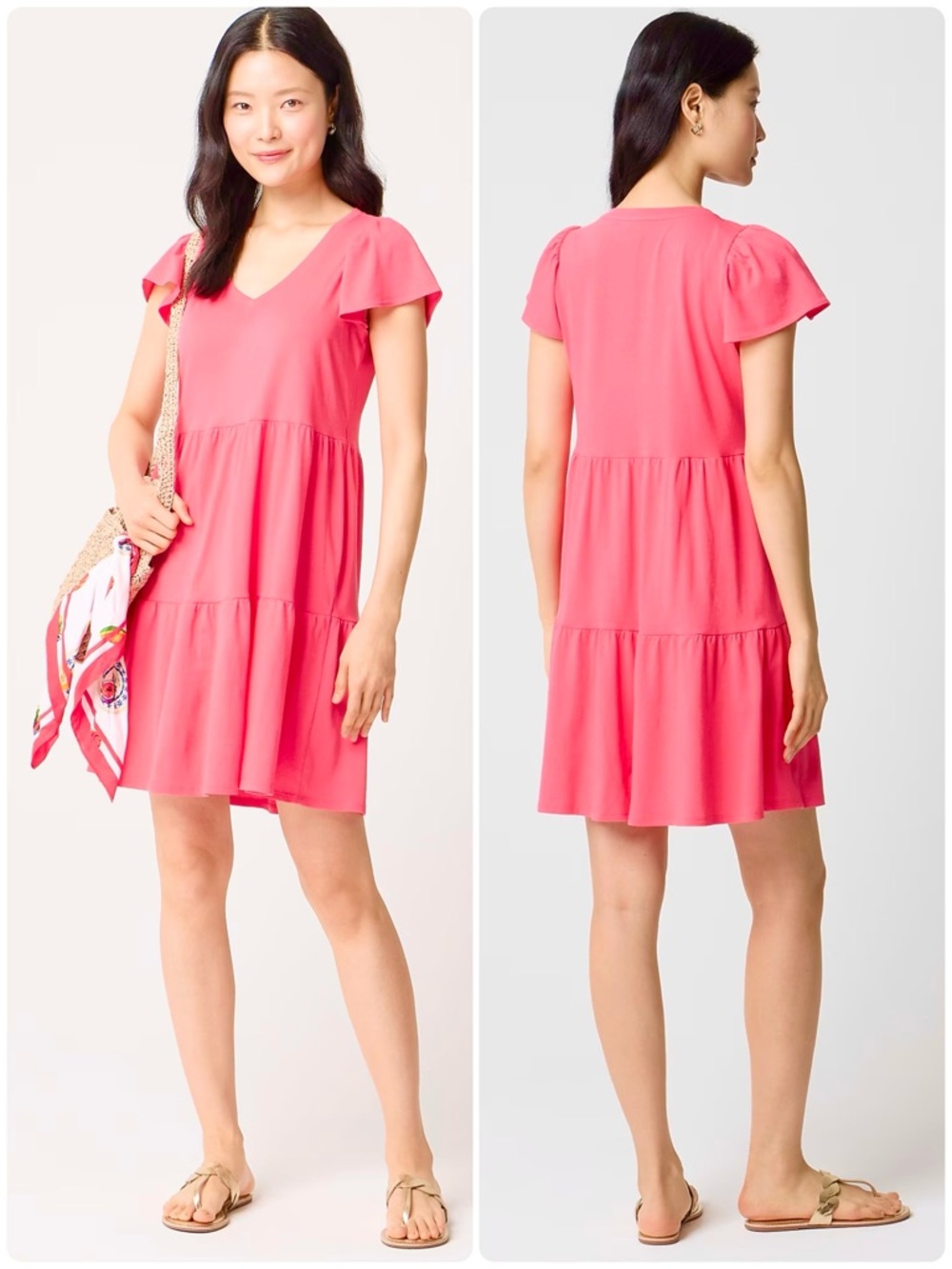 J CREW 100% Cotton Tiered Mini Dress Short Sleeve V-Neck Stretch Pullover Coral